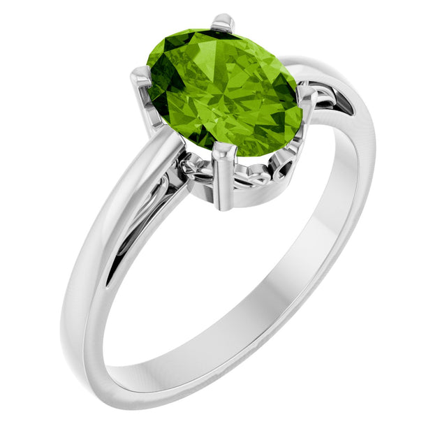 14K Gold Oval Natural Peridot Scroll Setting Solitaire Ring - White Gold