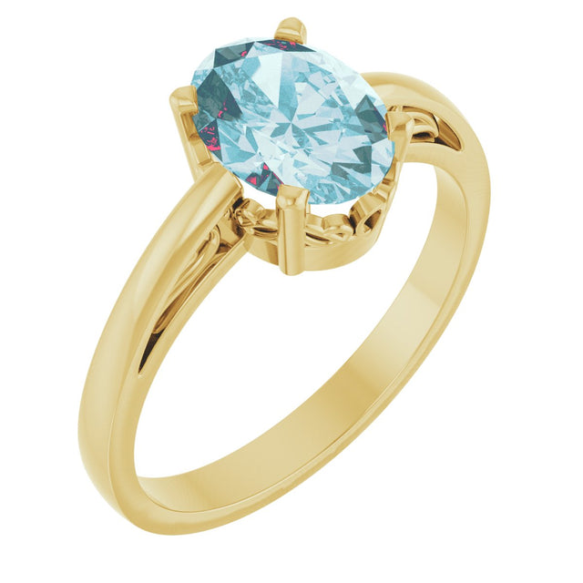 14K Gold Oval Natural Sky Blue Topaz Scroll Setting Solitaire Ring - Yellow Gold