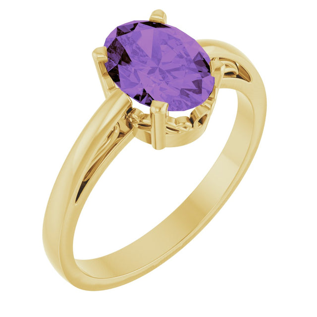 14K Gold Oval Natural Amethyst Scroll Setting Solitaire Ring - Yellow Gold