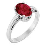 14K Gold Oval Lab-Grown Ruby Scroll Setting Solitaire Ring - White Gold