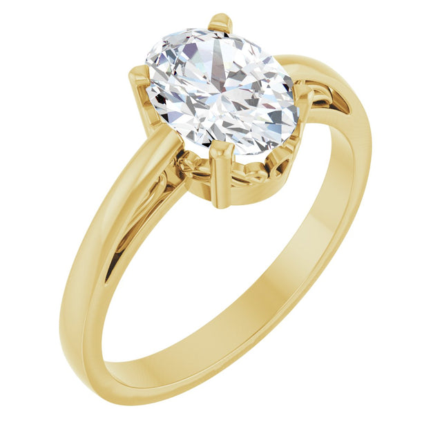 14K Gold Oval Natural White Sapphire Scroll Setting Solitaire Ring - Yellow Gold