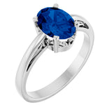 14K Gold Oval Lab-Grown Blue Sapphire Scroll Setting Solitaire Ring - White Gold