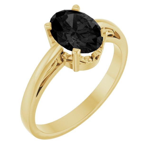 14K Gold Oval Natural Black Onyx Scroll Setting Solitaire Ring - Yellow Gold