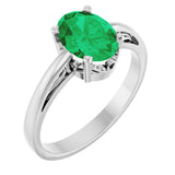 14K Gold Oval Lab-Grown Emerald Scroll Setting Solitaire Ring - White Gold