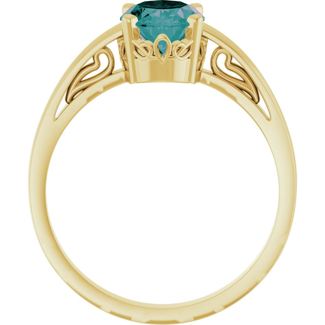 14K Gold Oval Lab-Grown Alexandrite Scroll Setting Solitaire Ring - Yellow Gold - view 2