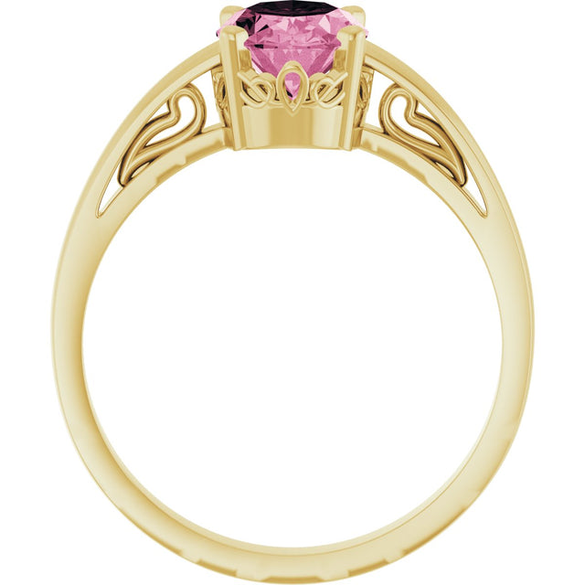 14K Gold Oval Natural Pink Tourmaline Scroll Setting Solitaire Ring - Yellow Gold - view 2
