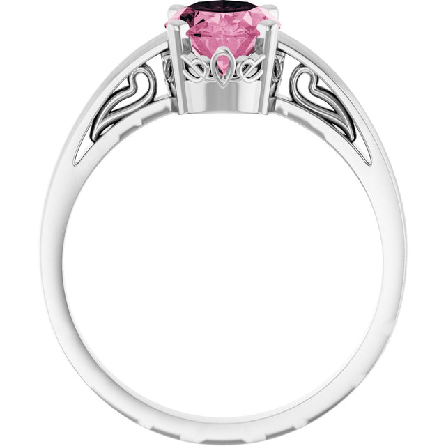 14K Gold Oval Natural Pink Tourmaline Scroll Setting Solitaire Ring - White Gold - view 2