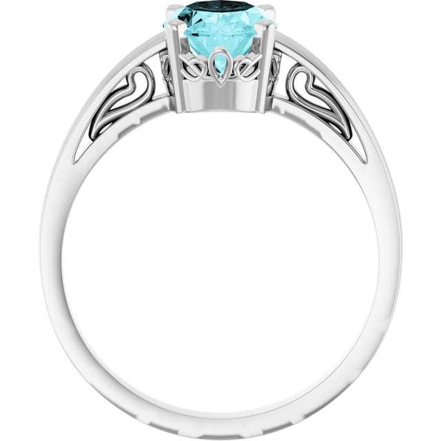 14K Gold Oval Natural Blue Zircon Scroll Setting Solitaire Ring - White Gold - view 2