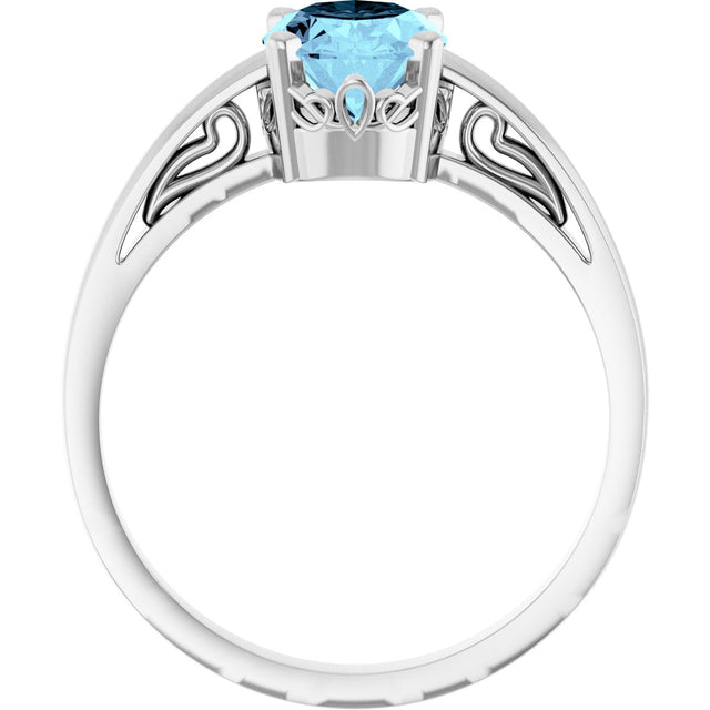 14K Gold Oval Natural Aquamarine Scroll Setting Solitaire Ring - White Gold - view 2
