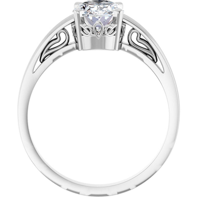 14K Gold Oval Natural White Sapphire Scroll Setting Solitaire Ring - White Gold - view 2