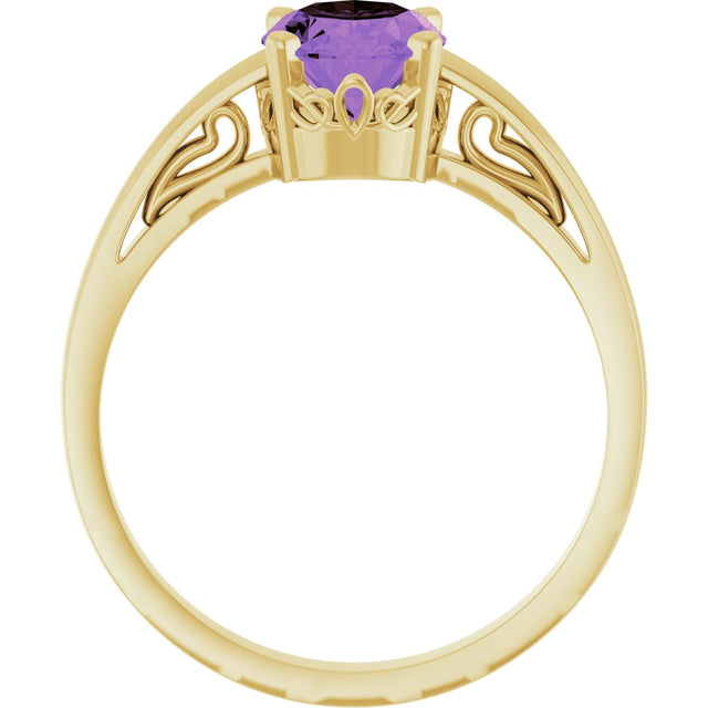14K Gold Oval Natural Amethyst Scroll Setting Solitaire Ring - Yellow Gold - view 2