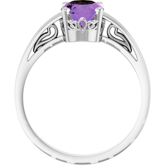 14K Gold Oval Natural Amethyst Scroll Setting Solitaire Ring - White Gold - view 2