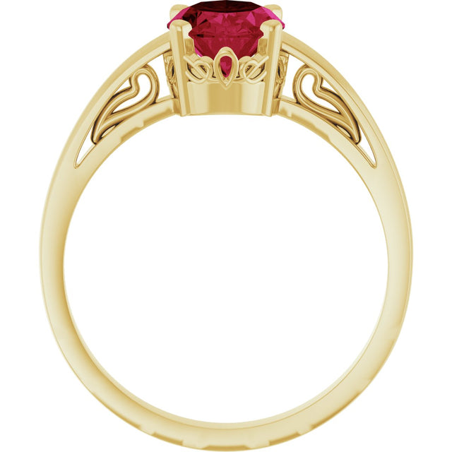 14K Gold Oval Lab-Grown Ruby Scroll Setting Solitaire Ring - Yellow Gold - view 2