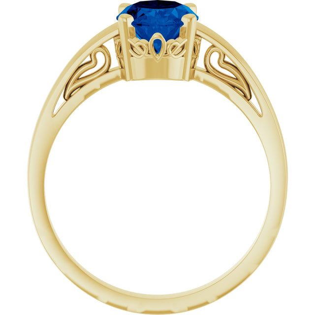 14K Gold Oval Lab-Grown Blue Sapphire Scroll Setting Solitaire Ring - Yellow Gold - view 2