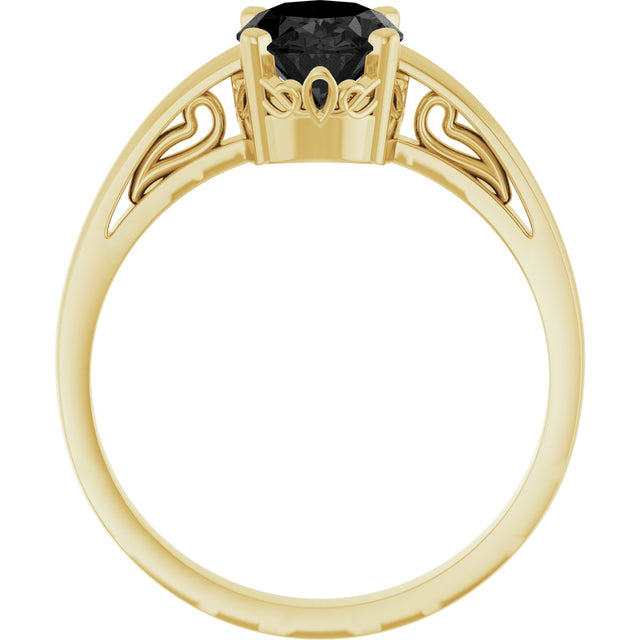 14K Gold Oval Natural Black Onyx Scroll Setting Solitaire Ring - Yellow Gold - view 2
