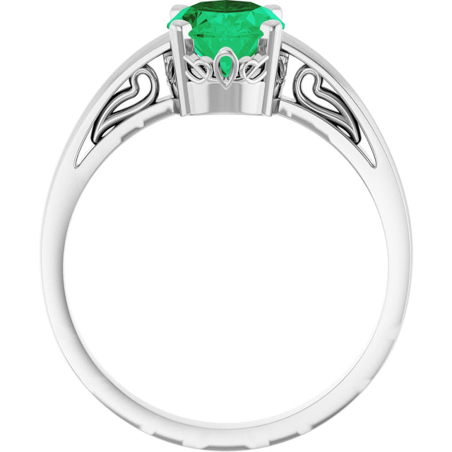 14K Gold Oval Lab-Grown Emerald Scroll Setting Solitaire Ring - White Gold - view 2