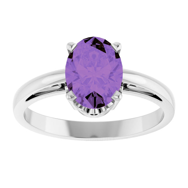 14K Gold Oval Natural Amethyst Scroll Setting Solitaire Ring - White Gold - view 3