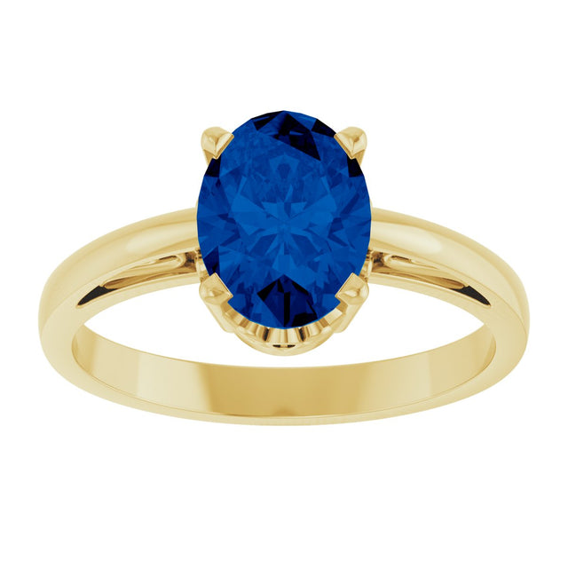 14K Gold Oval Lab-Grown Blue Sapphire Scroll Setting Solitaire Ring - Yellow Gold - view 3