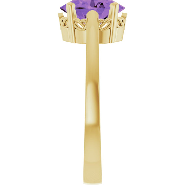 14K Gold Oval Natural Amethyst Scroll Setting Solitaire Ring - Yellow Gold - view 4