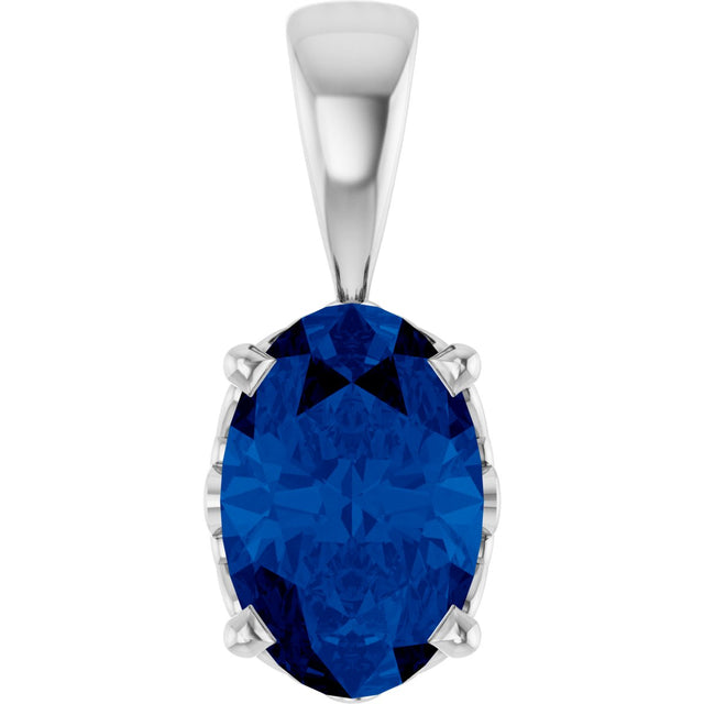 14K Gold Lab-Grown Blue Sapphire Oval 4-Prong Solitaire Necklace or Pendant - White Gold