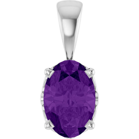 14K Gold Natural Amethyst Oval 4-Prong Solitaire Necklace or Pendant - White Gold