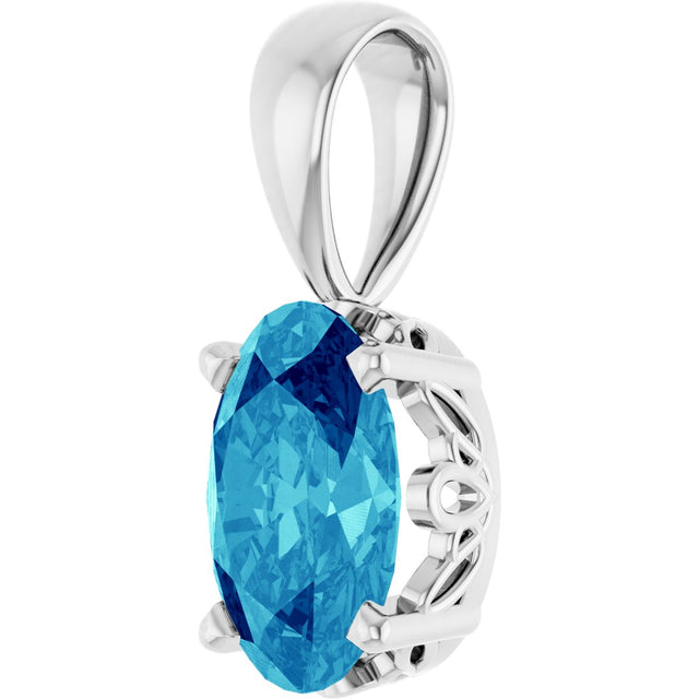 14K Gold Natural Blue Zircon Oval 4-Prong Solitaire Necklace or Pendant - White Gold - view 2