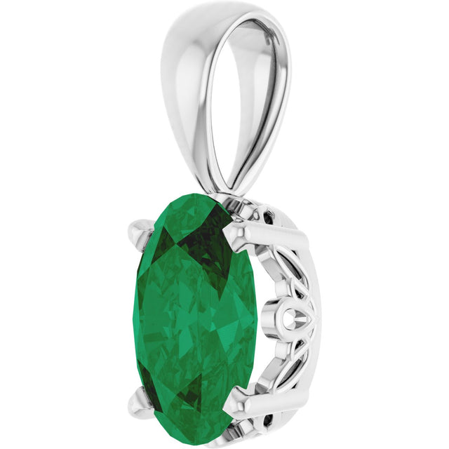 14K Gold Lab-Grown Emerald Oval 4-Prong Solitaire Necklace or Pendant - White Gold - view 2