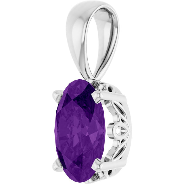 14K Gold Natural Amethyst Oval 4-Prong Solitaire Necklace or Pendant - White Gold - view 3