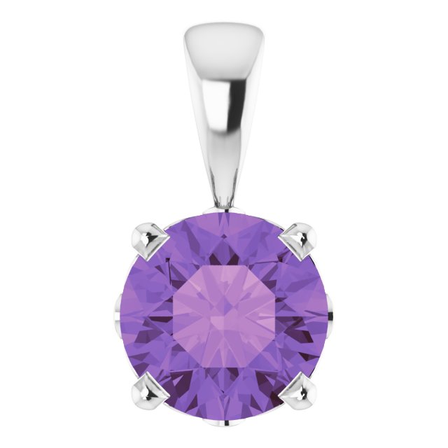14K Gold Natural Amethyst Round 4-Prong Scroll Setting Pendant - White Gold