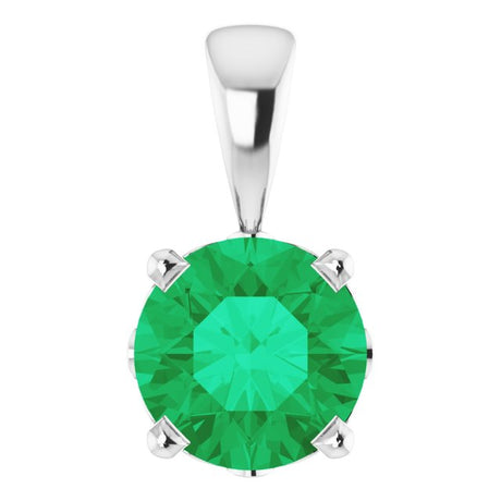 14K Gold Lab-Grown Emerald Round 4-Prong Scroll Setting Pendant - White Gold