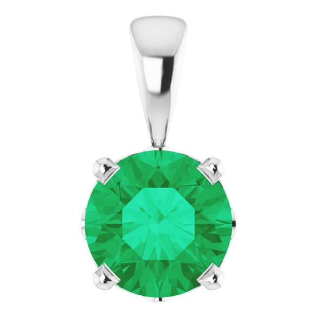 14K Gold Lab-Grown Emerald Round 4-Prong Scroll Setting Pendant - White Gold