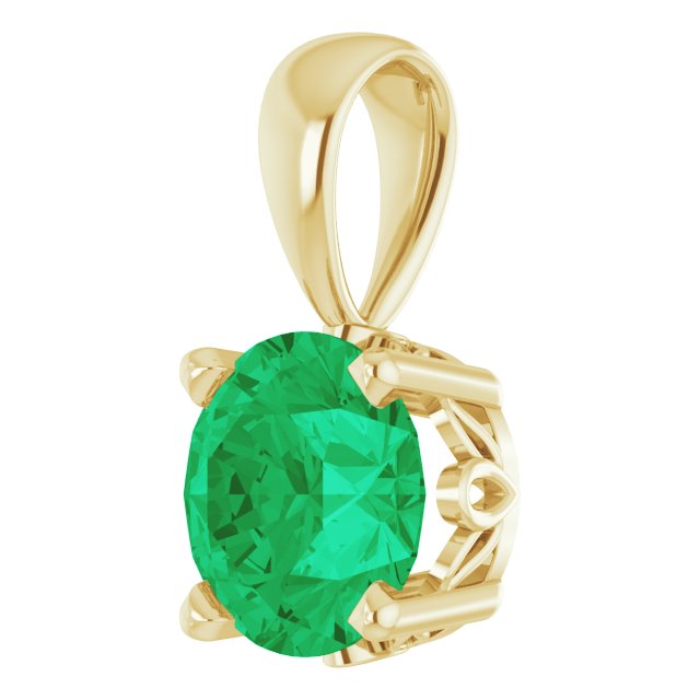 14K Gold Lab-Grown Emerald Round 4-Prong Scroll Setting Pendant - Yellow Gold - view 2