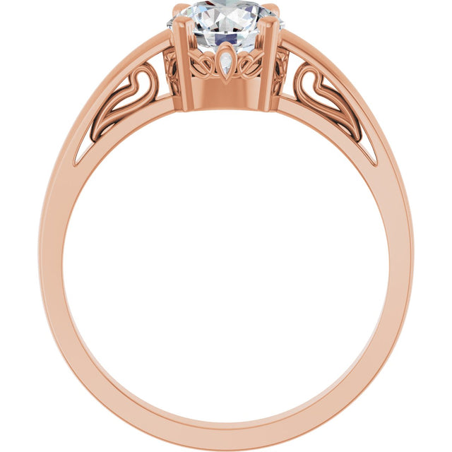 14K Gold Round Created Moissanite Solitaire Scroll Setting Ring - view 2