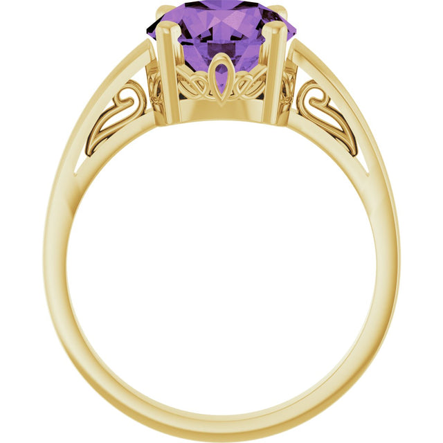 14K Gold Round Natural Amethyst Solitaire Scroll Setting Ring - Yellow Gold - view 2
