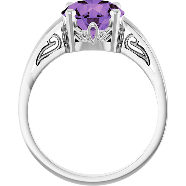 14K Gold Round Natural Amethyst Solitaire Scroll Setting Ring - White Gold - view 2