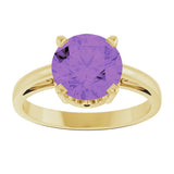 14K Gold Round Natural Amethyst Solitaire Scroll Setting Ring - Yellow Gold - view 3
