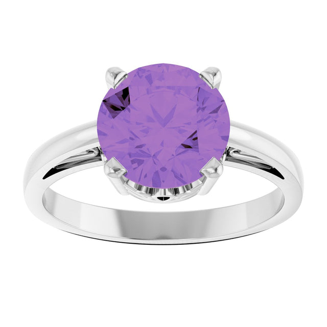 14K Gold Round Natural Amethyst Solitaire Scroll Setting Ring - White Gold - view 3