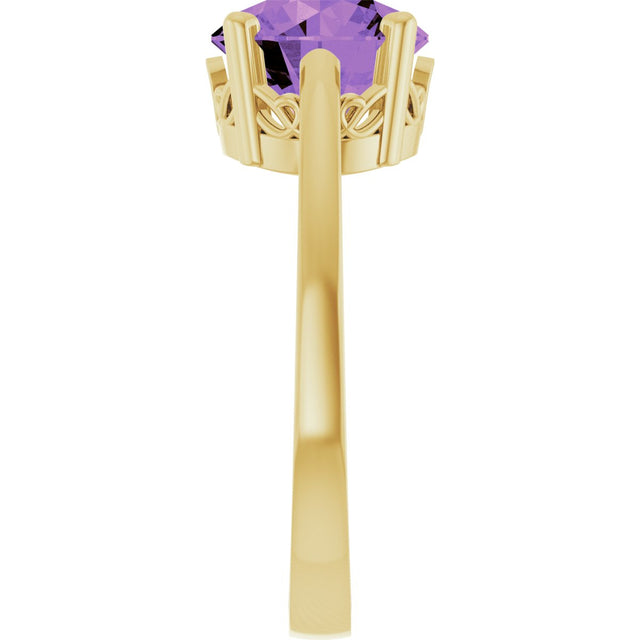 14K Gold Round Natural Amethyst Solitaire Scroll Setting Ring - Yellow Gold - view 4