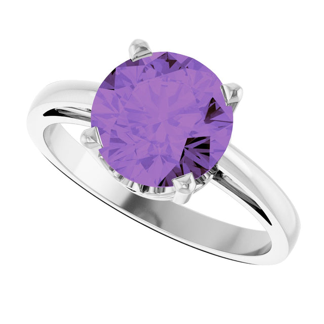 14K Gold Round Natural Amethyst Solitaire Scroll Setting Ring - White Gold - view 5