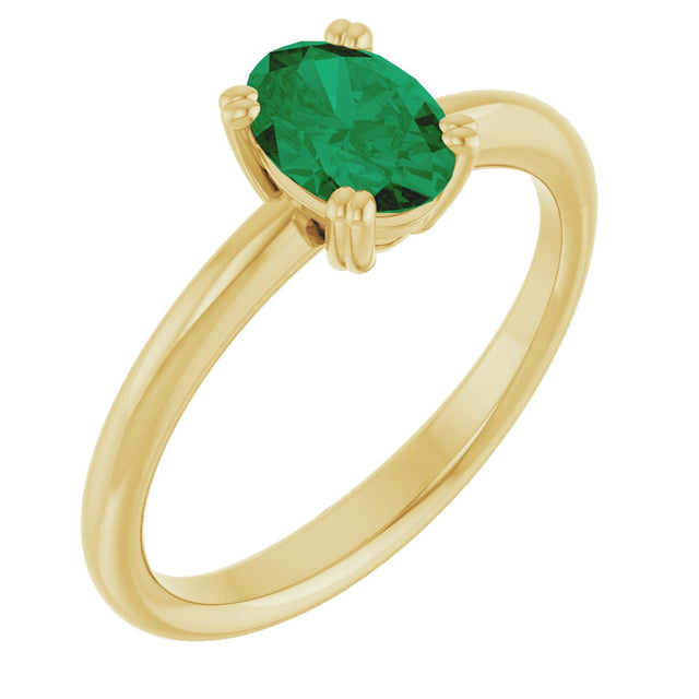 14K Gold Oval Lab-Grown Emerald Double-Prong Ring - Yellow Gold