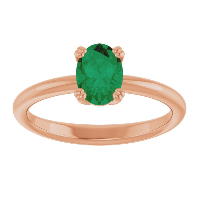 14K Gold Oval Lab-Grown Emerald Double-Prong Ring - Rose Gold - view 3