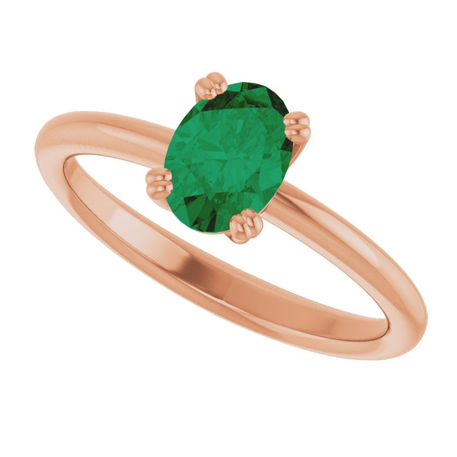 14K Gold Oval Lab-Grown Emerald Double-Prong Ring - Rose Gold - view 5