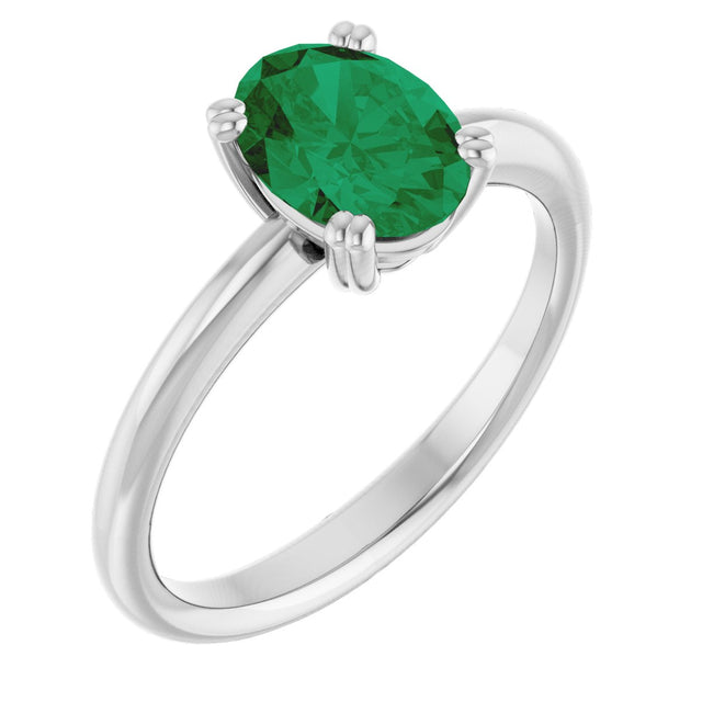 10K Gold Oval Lab-Grown Emerald Double-Prong Ring - White Gold