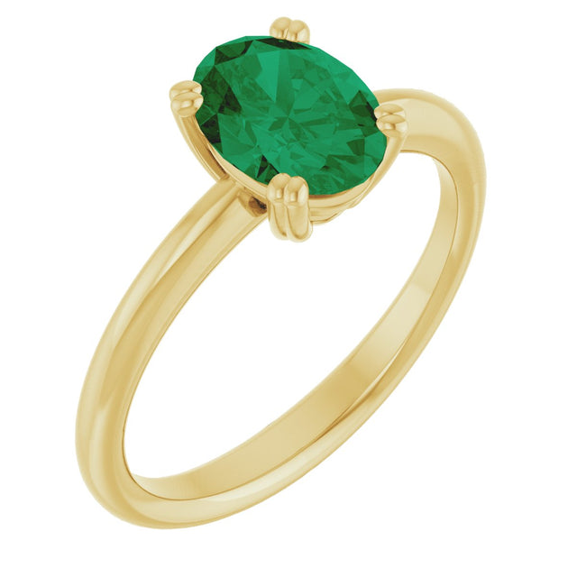 10K Gold Oval Lab-Grown Emerald Double-Prong Ring - Yellow Gold