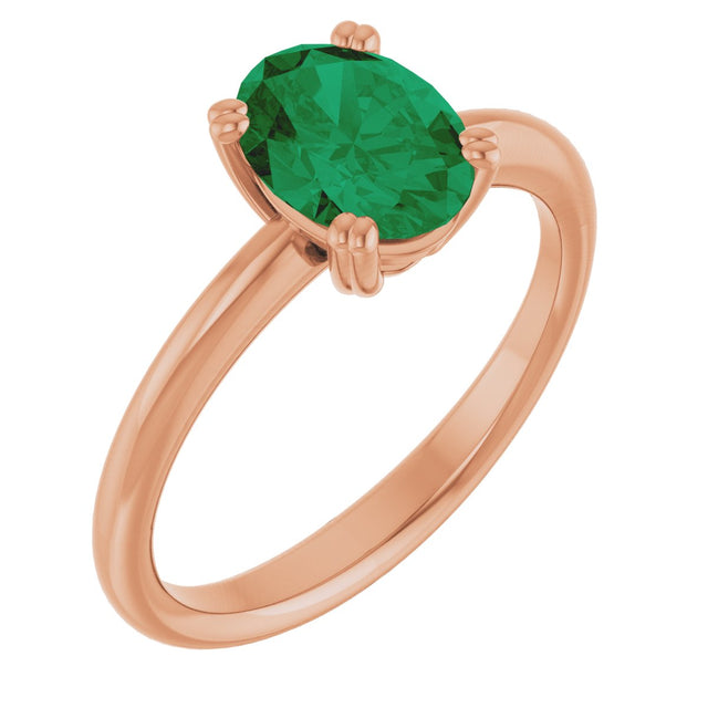 14K Gold Oval Lab-Grown Emerald Double-Prong Ring - Rose Gold