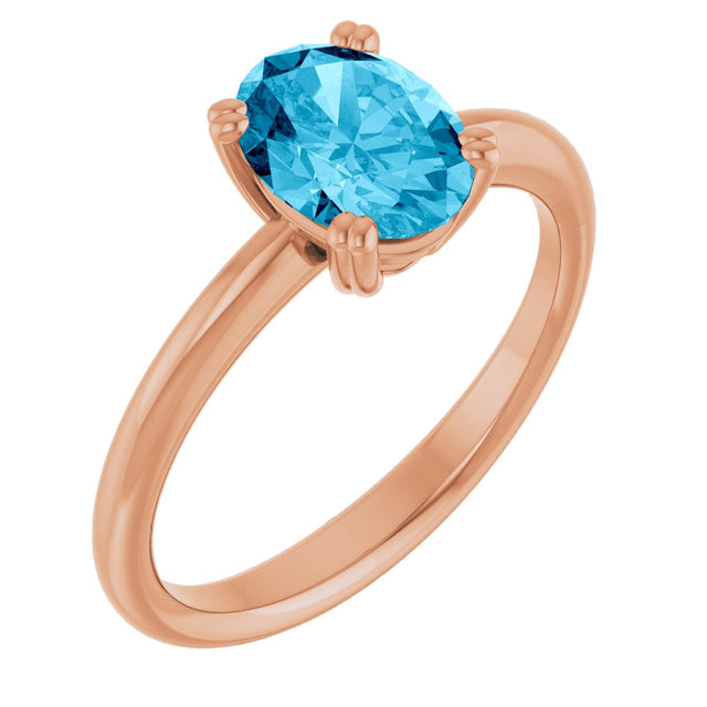 14K Gold Oval Natural Aquamarine Double-Prong Ring - Rose Gold