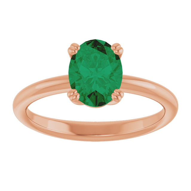 14K Gold Oval Lab-Grown Emerald Double-Prong Ring - Rose Gold - view 3