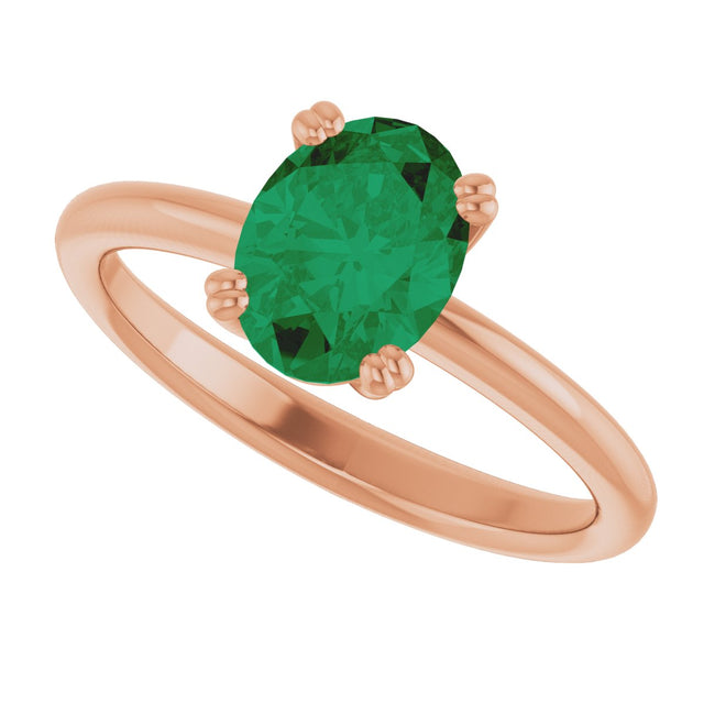 14K Gold Oval Lab-Grown Emerald Double-Prong Ring - Rose Gold - view 5