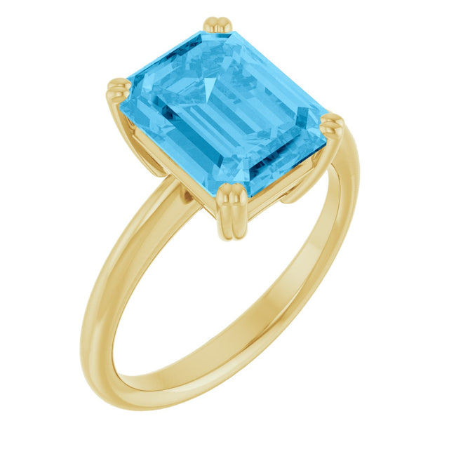 14K Gold Emerald Natural Swiss Blue Topaz Double-Prong Ring - Yellow Gold