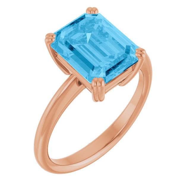 14K Gold Emerald Natural Swiss Blue Topaz Double-Prong Ring - Rose Gold